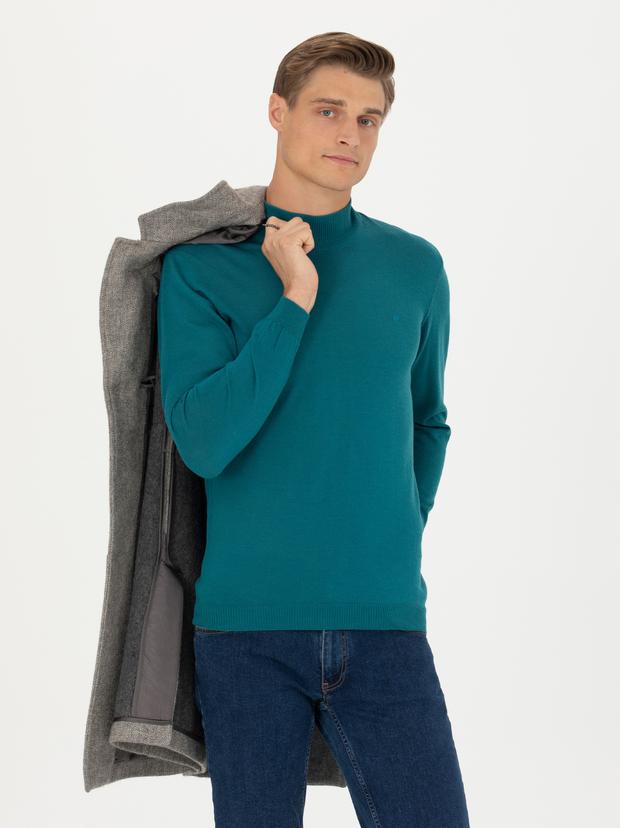 Açık Petrol Slim Fit Bisiklet Yaka Basic Triko Kazak