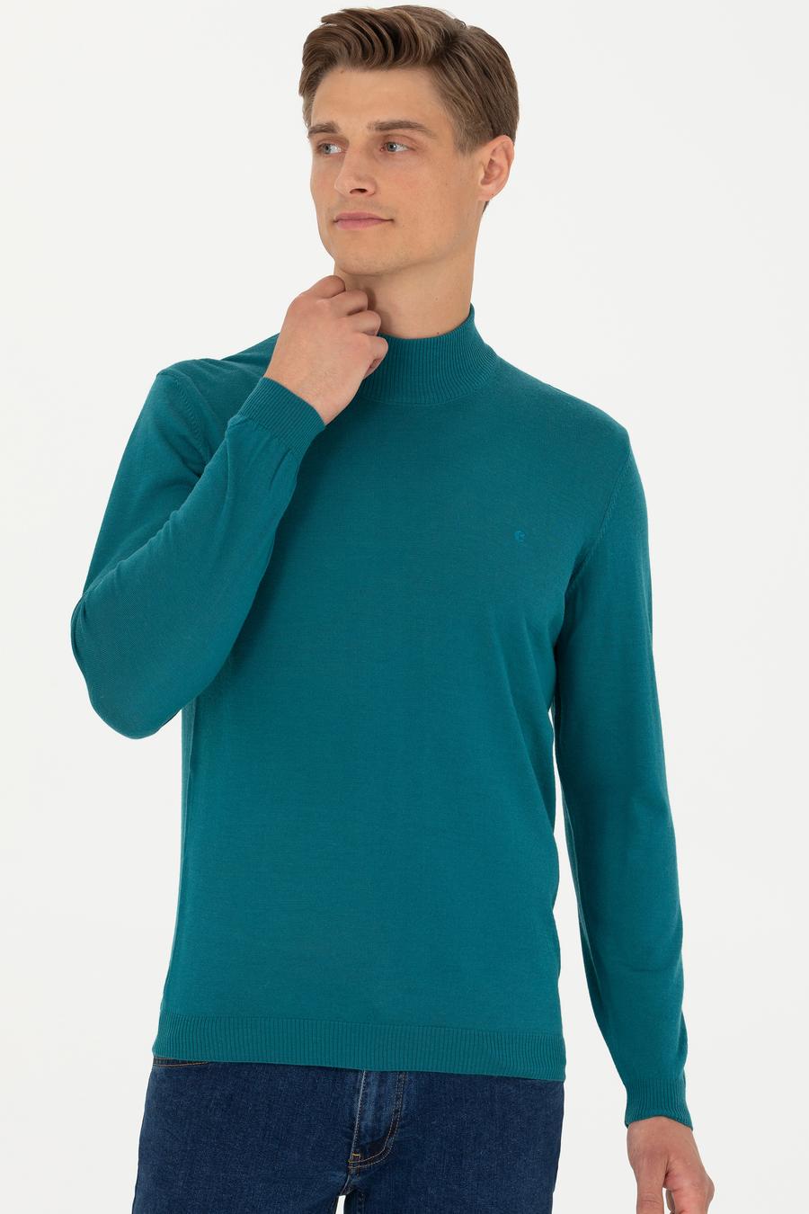 Açık Petrol Slim Fit Bisiklet Yaka Basic Triko Kazak - 50270172197