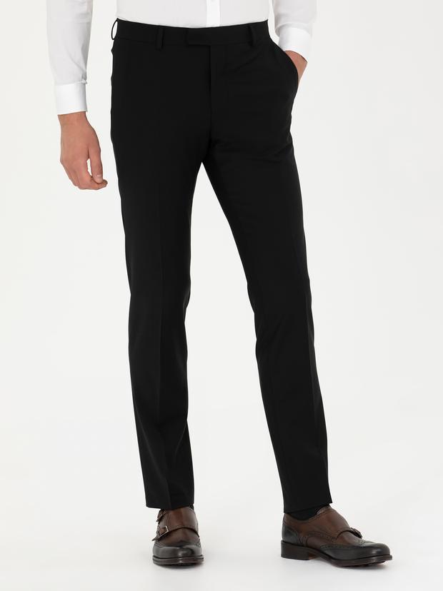 Siyah Slim Fit Yün Karışımlı Kumaş Pantolon
