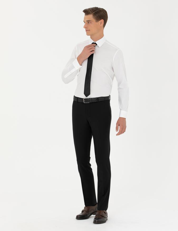 Siyah Slim Fit Yün Karışımlı Kumaş Pantolon