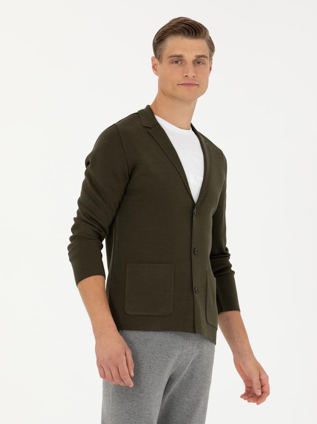 Haki Slim Fit Yün Karışımlı Düğmeli Triko Hırka