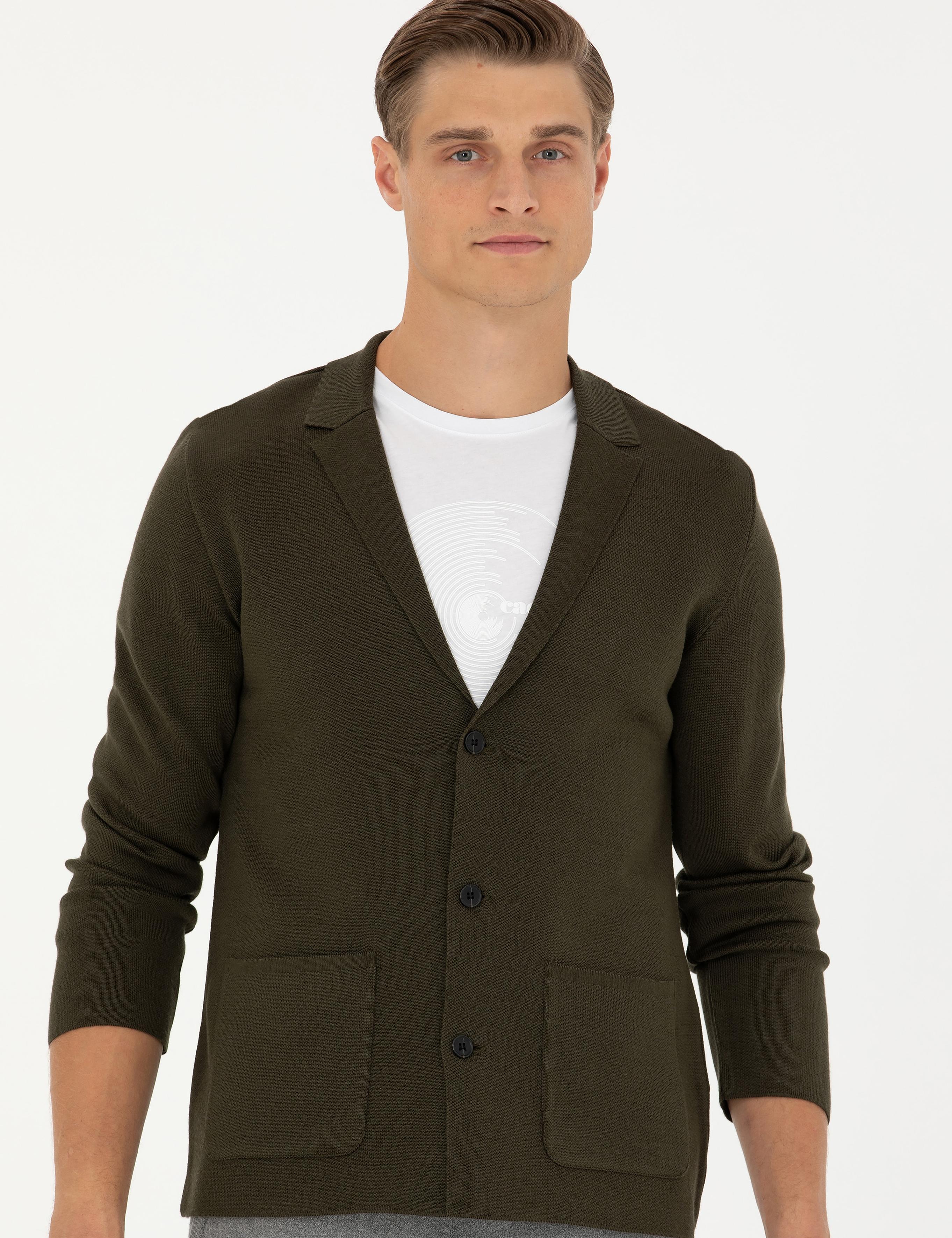 Haki Slim Fit Yün Karışımlı Düğmeli Triko Hırka - 50277418002
