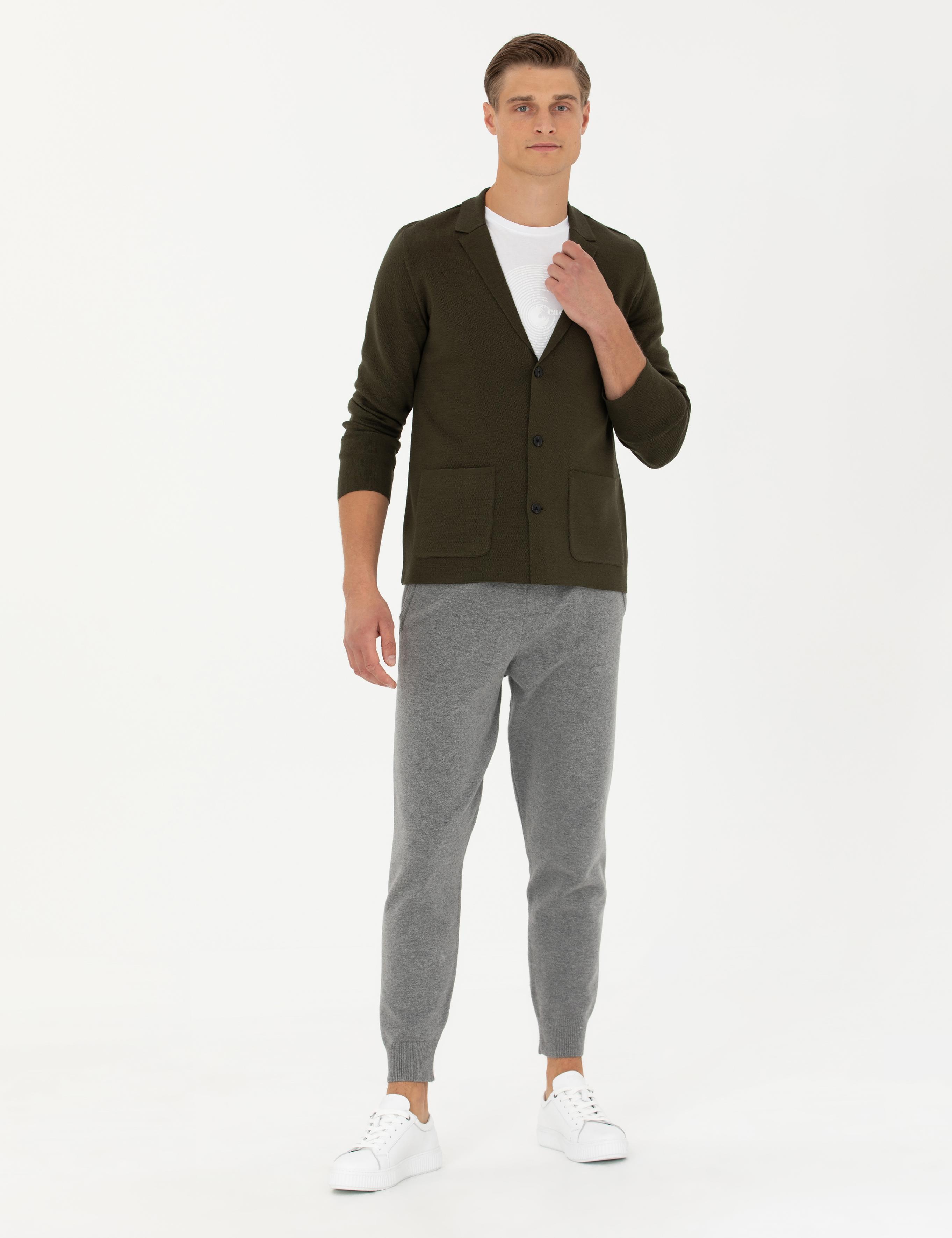 Haki Slim Fit Yün Karışımlı Düğmeli Triko Hırka - 50277418002