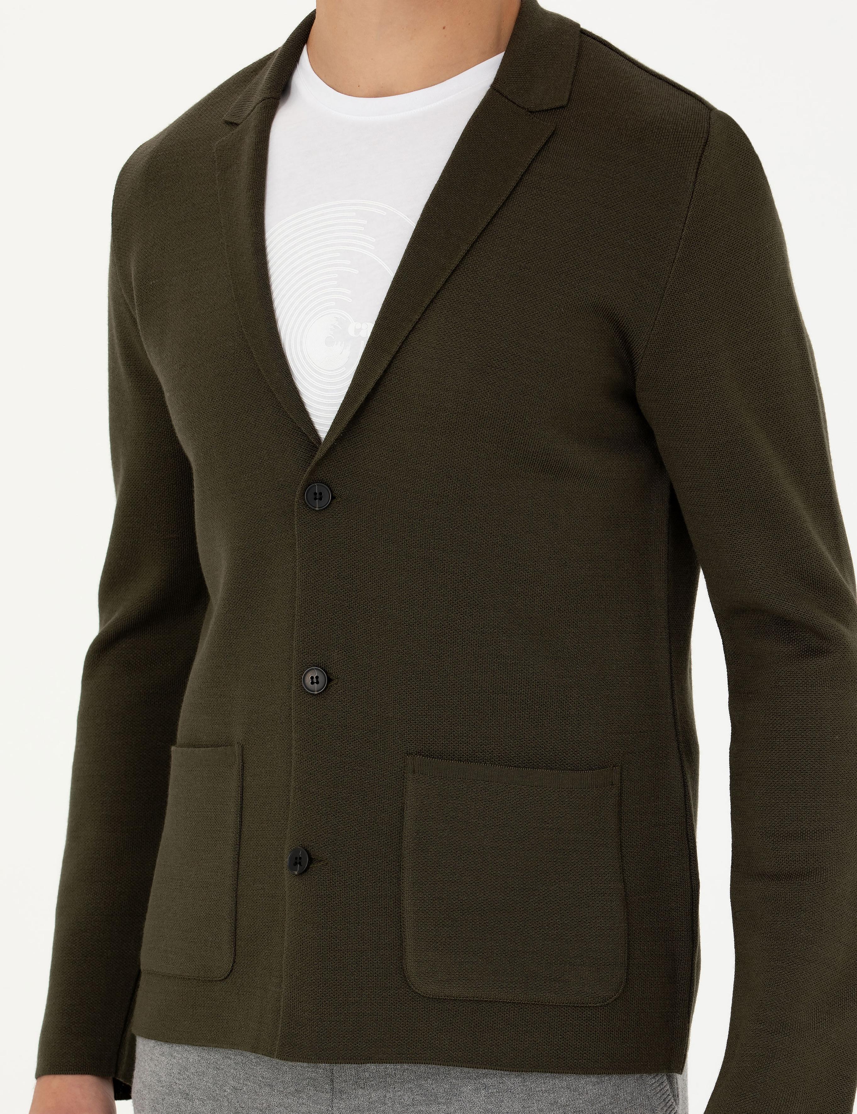 Haki Slim Fit Yün Karışımlı Düğmeli Triko Hırka - 50277418002