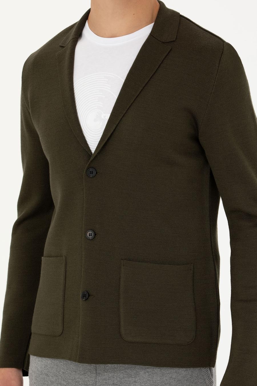Haki Slim Fit Yün Karışımlı Düğmeli Triko Hırka - 50277418002