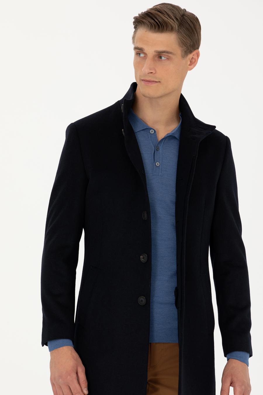 Lacivert Yün Karışımlı Slim Fit Palto - 50270707006