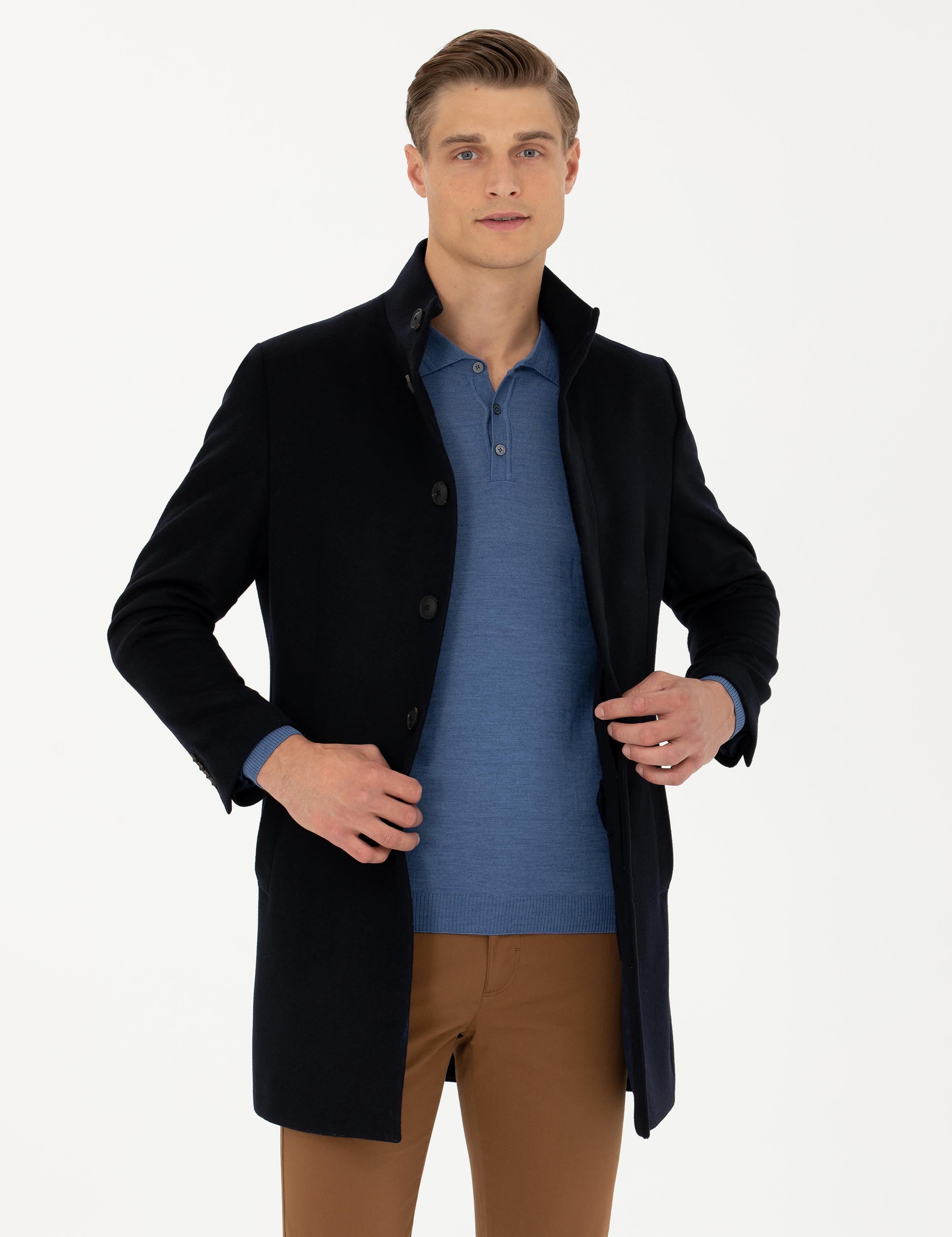 Lacivert Yün Karışımlı Slim Fit Palto - 50270707006