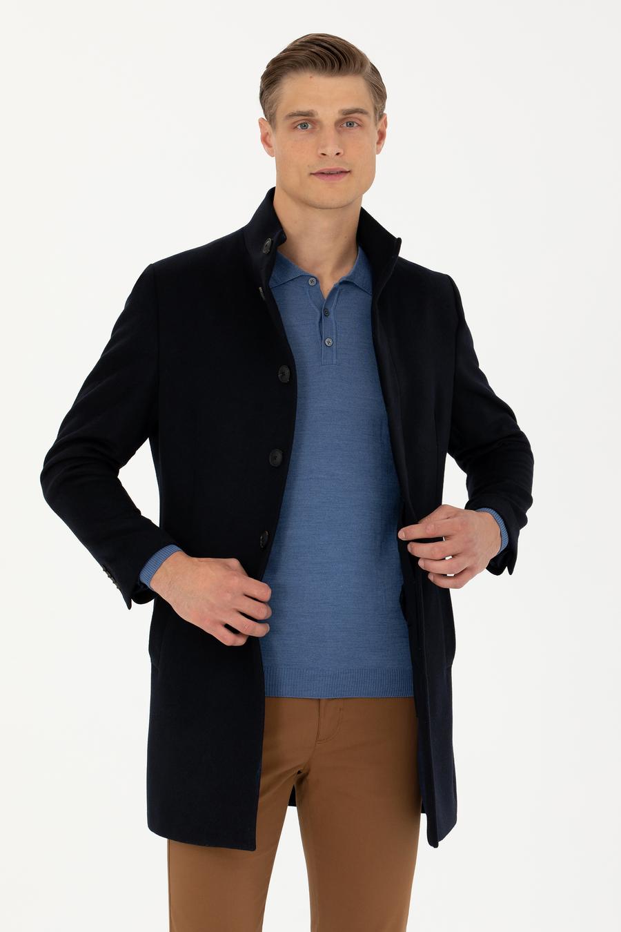 Lacivert Yün Karışımlı Slim Fit Palto - 50270707006