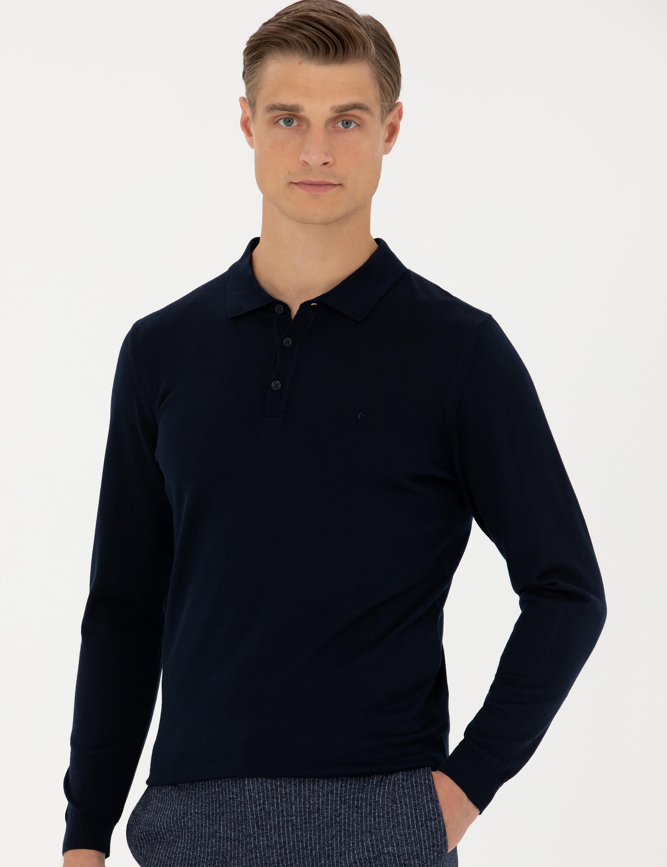 Lacivert Slim Fit Polo Yaka Basic Triko Kazak - 50270169036