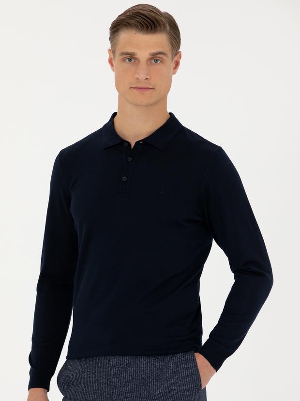 Lacivert Slim Fit Polo Yaka Basic Triko Kazak