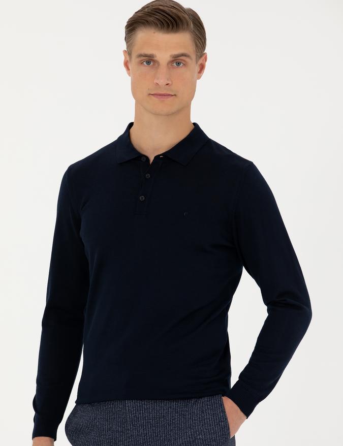 Lacivert Slim Fit Polo Yaka Basic Triko Kazak