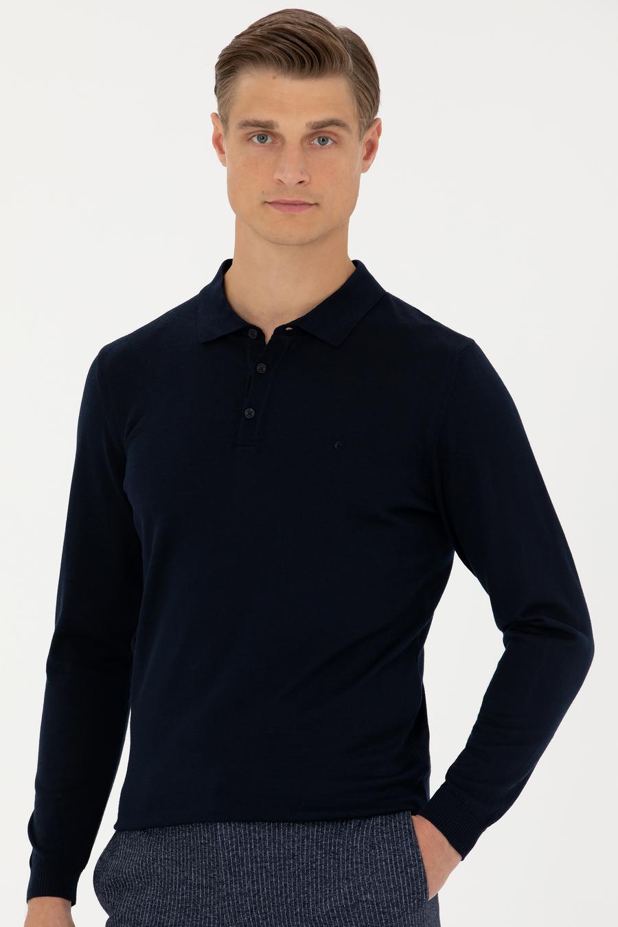 Lacivert Slim Fit Polo Yaka Basic Triko Kazak - 50270169036