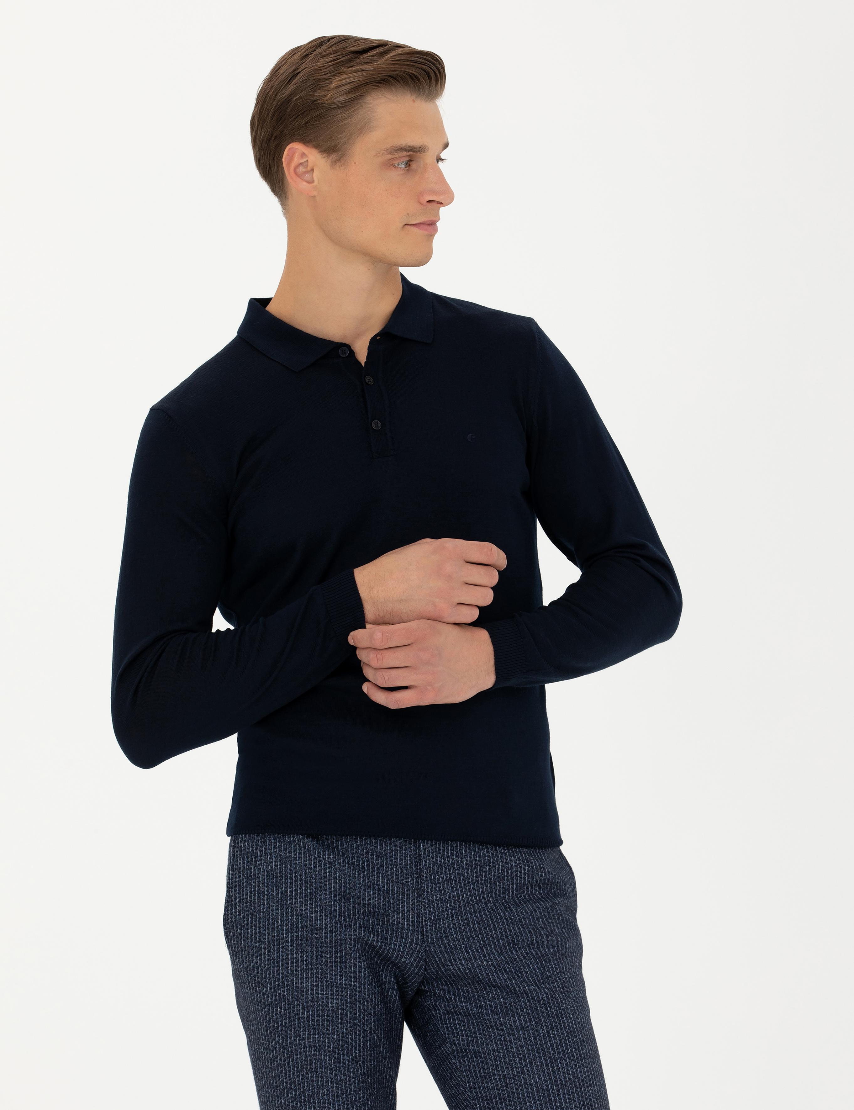 Lacivert Slim Fit Polo Yaka Basic Triko Kazak - 50270169036