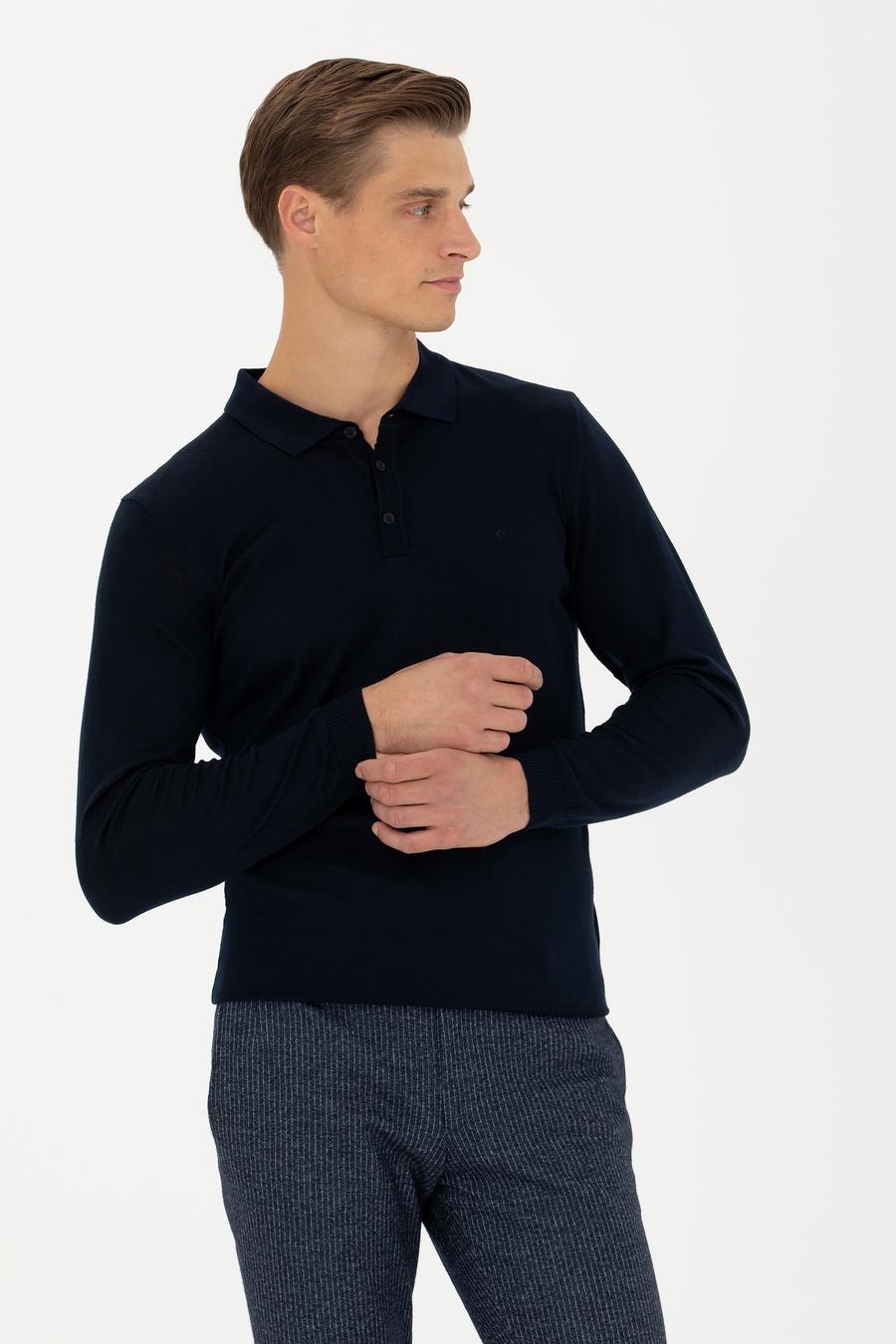 Lacivert Slim Fit Polo Yaka Basic Triko Kazak - 50270169036