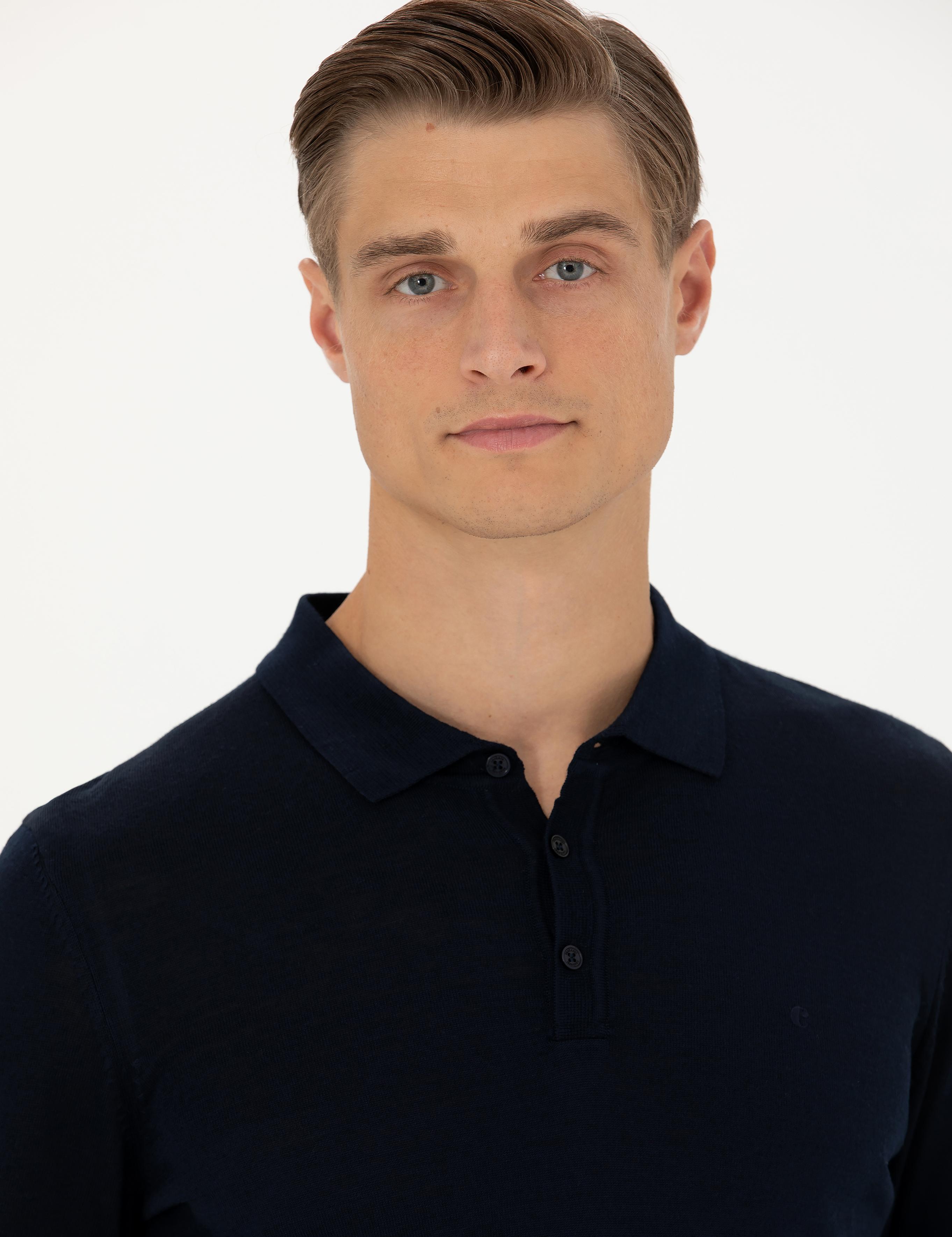 Lacivert Slim Fit Polo Yaka Basic Triko Kazak - 50270169036