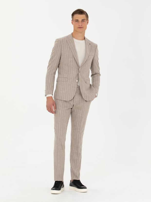 Bej Slim Fit Yün Kaşmir Karışımlı Çizgili Kumaş Pantolon
