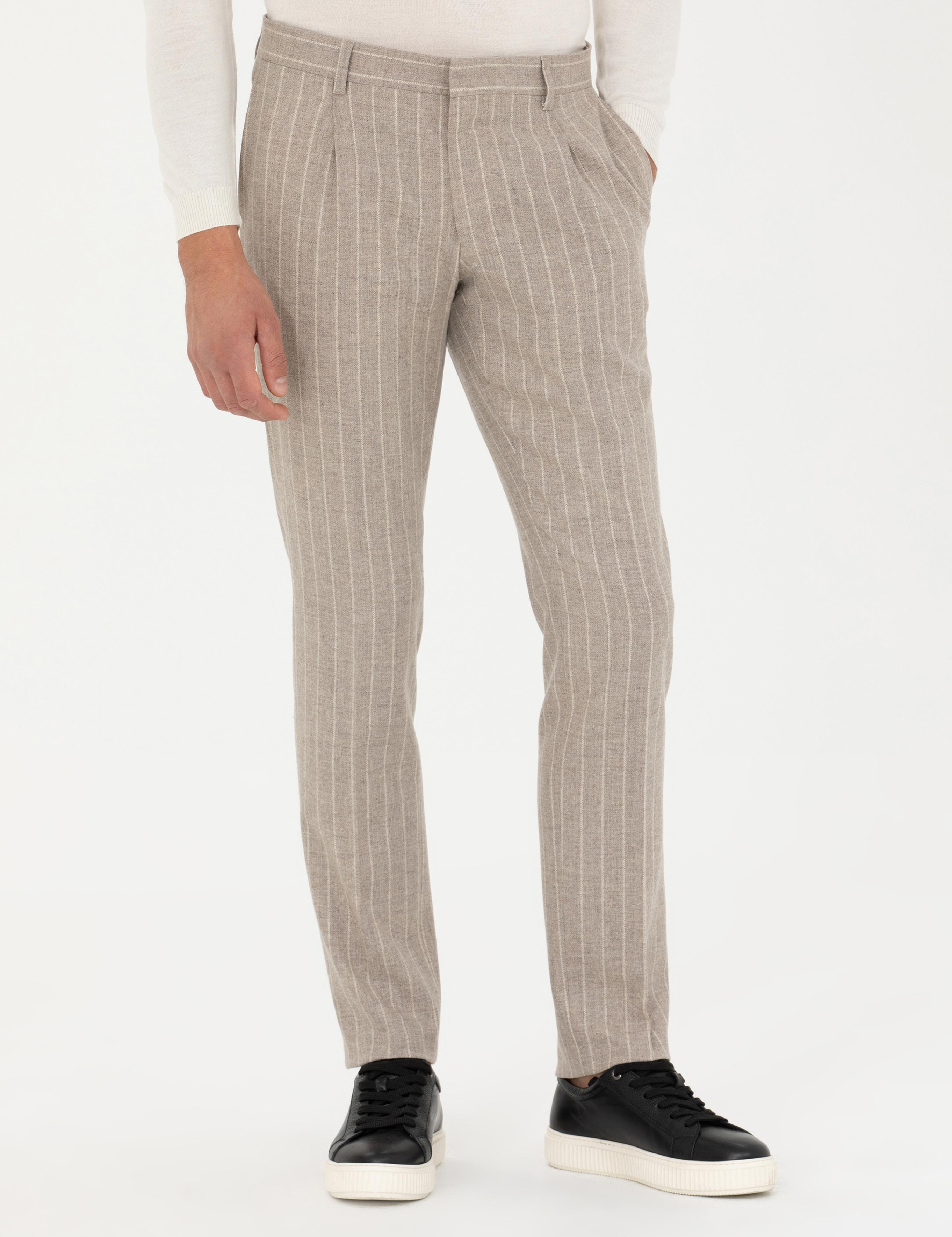 Bej Slim Fit Yün Kaşmir Karışımlı Çizgili Kumaş Pantolon - 50272619008