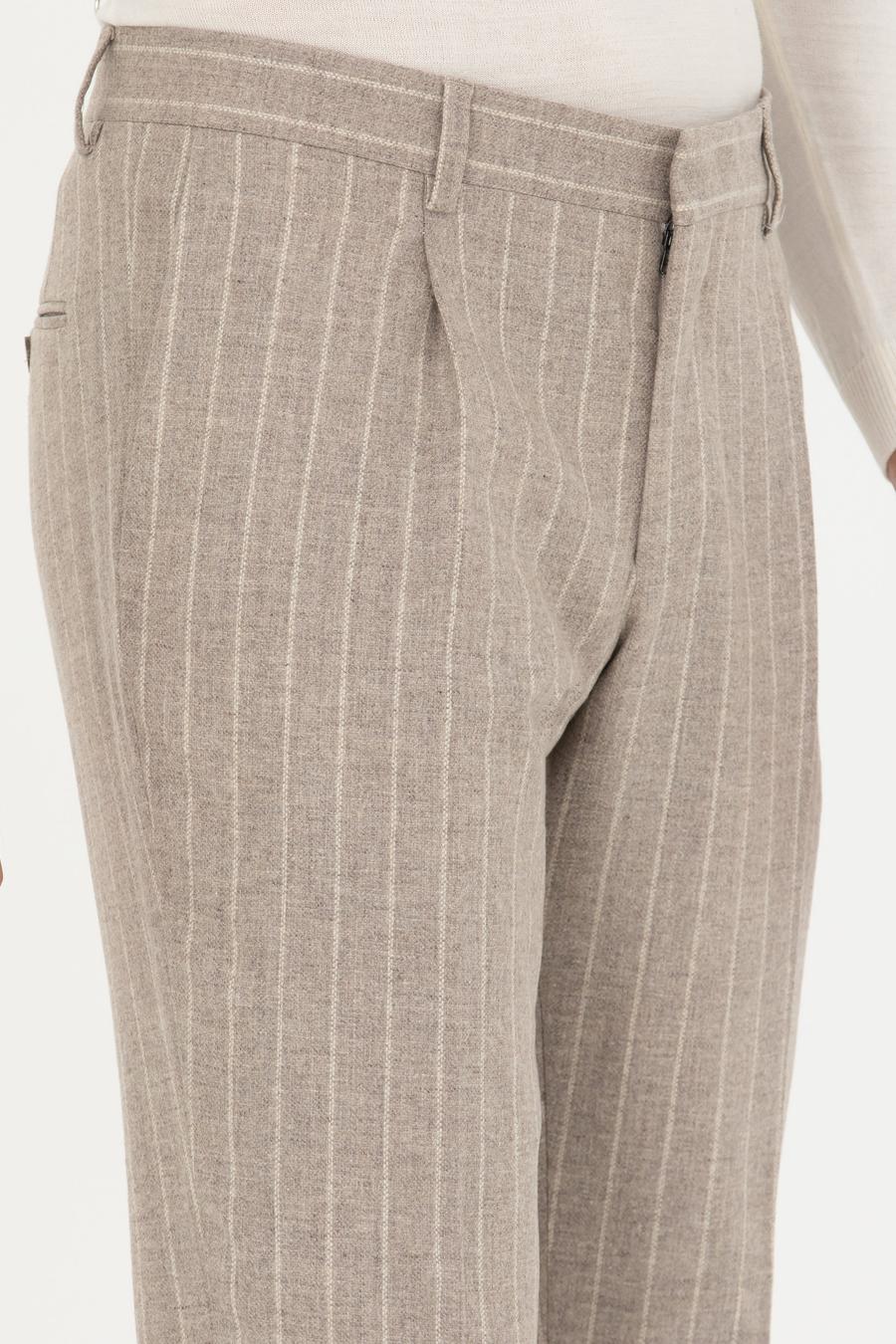 Bej Slim Fit Yün Kaşmir Karışımlı Çizgili Kumaş Pantolon - 50272619008