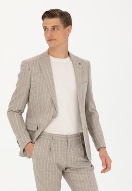 Bej Slim Fit Yün Kaşmir Karışımlı Çizgili Klasik Ceket