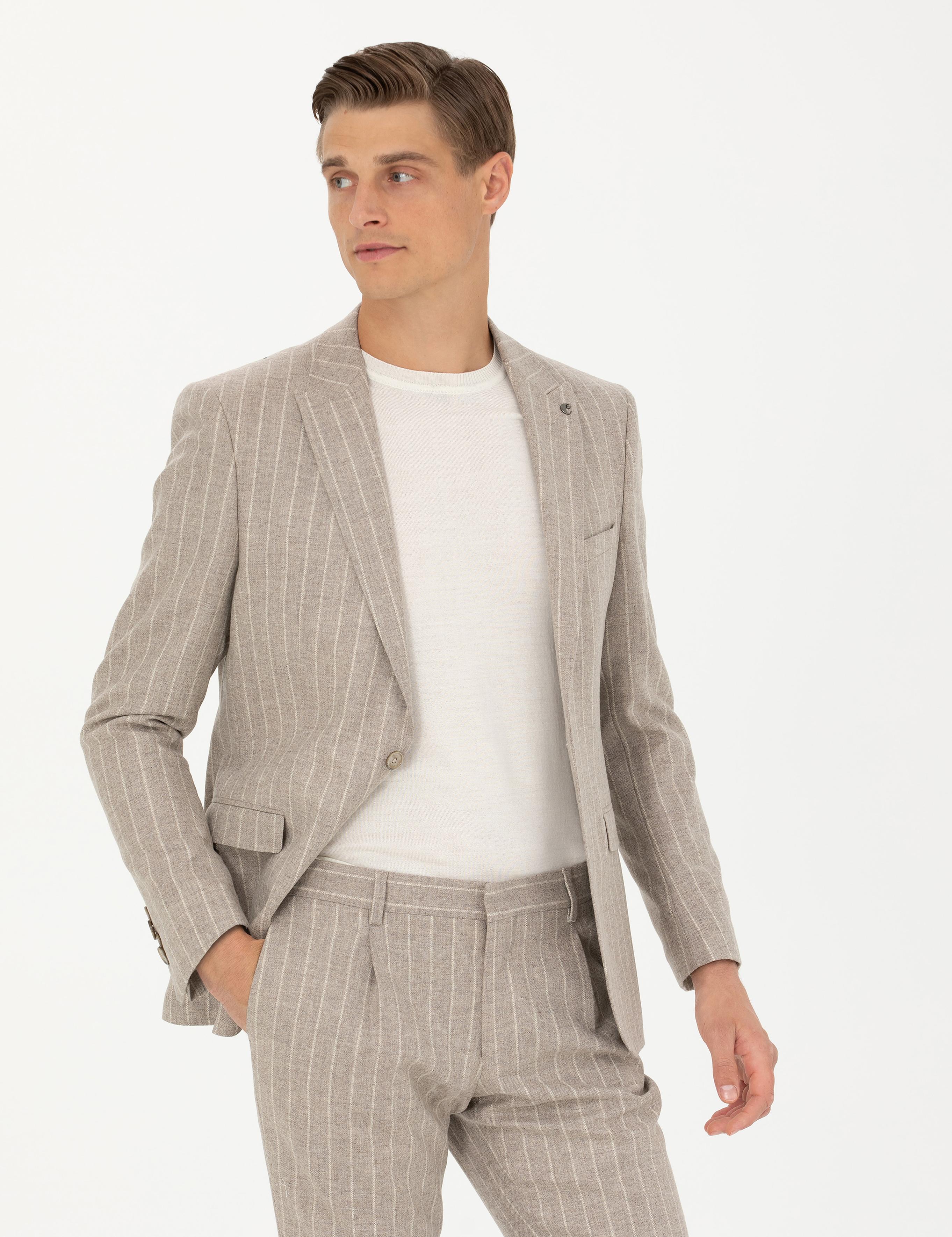 Bej Slim Fit Yün Kaşmir Karışımlı Çizgili Klasik Ceket - 50272614053