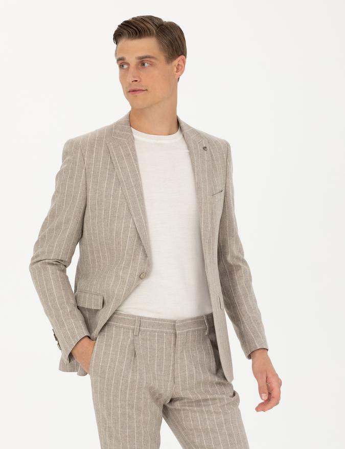Bej Slim Fit Yün Kaşmir Karışımlı Çizgili Klasik Ceket