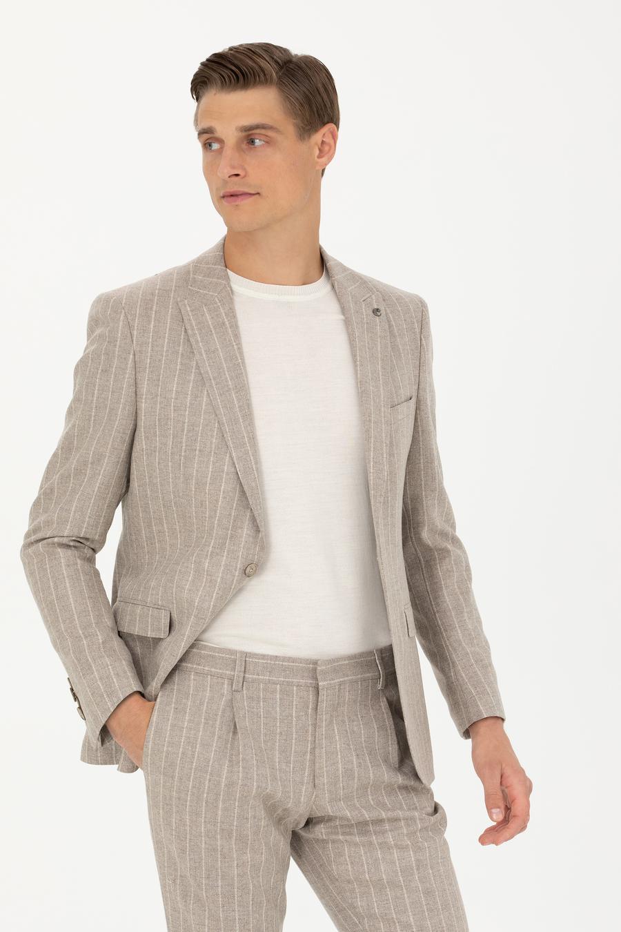 Bej Slim Fit Yün Kaşmir Karışımlı Çizgili Klasik Ceket - 50272614053