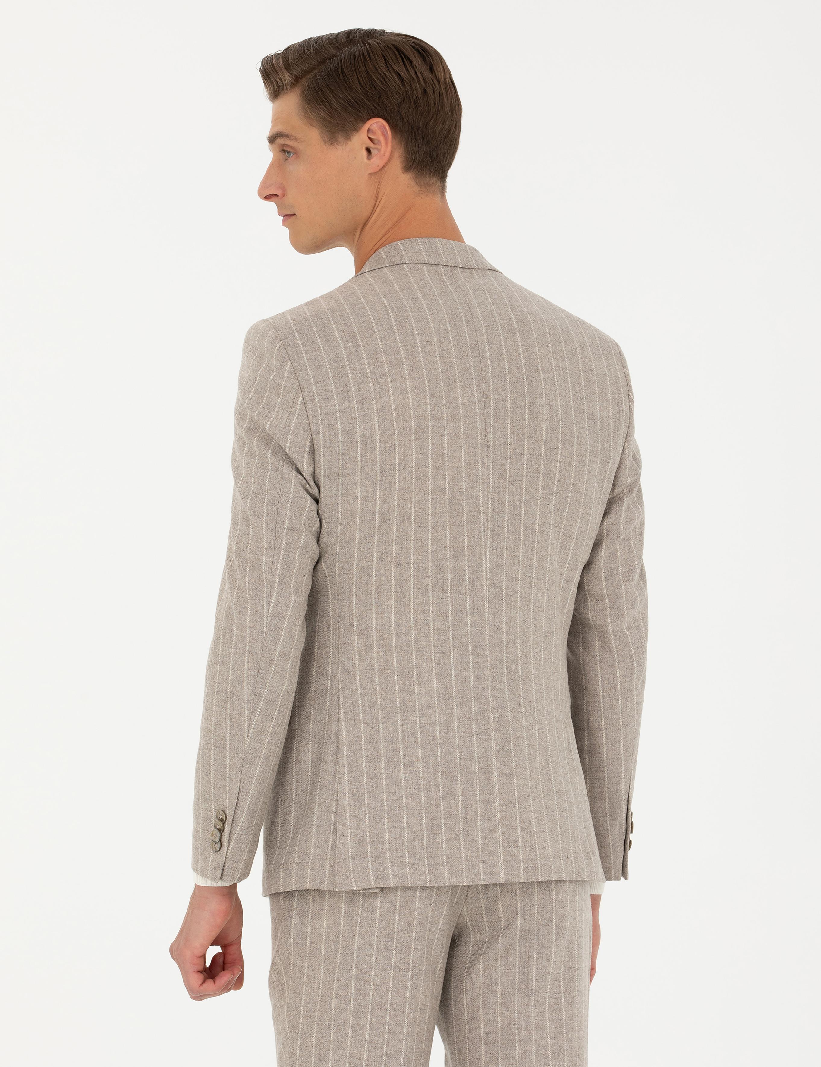 Bej Slim Fit Yün Kaşmir Karışımlı Çizgili Klasik Ceket - 50272614053