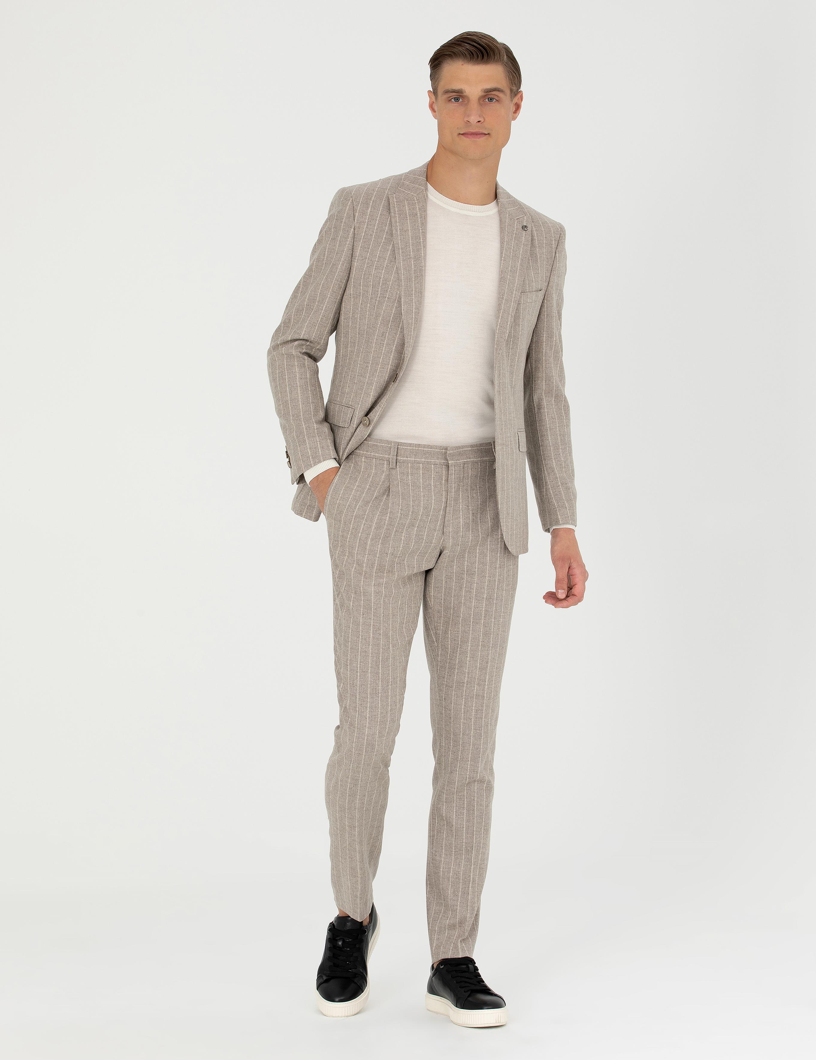Bej Slim Fit Yün Kaşmir Karışımlı Çizgili Klasik Ceket - 50272614053