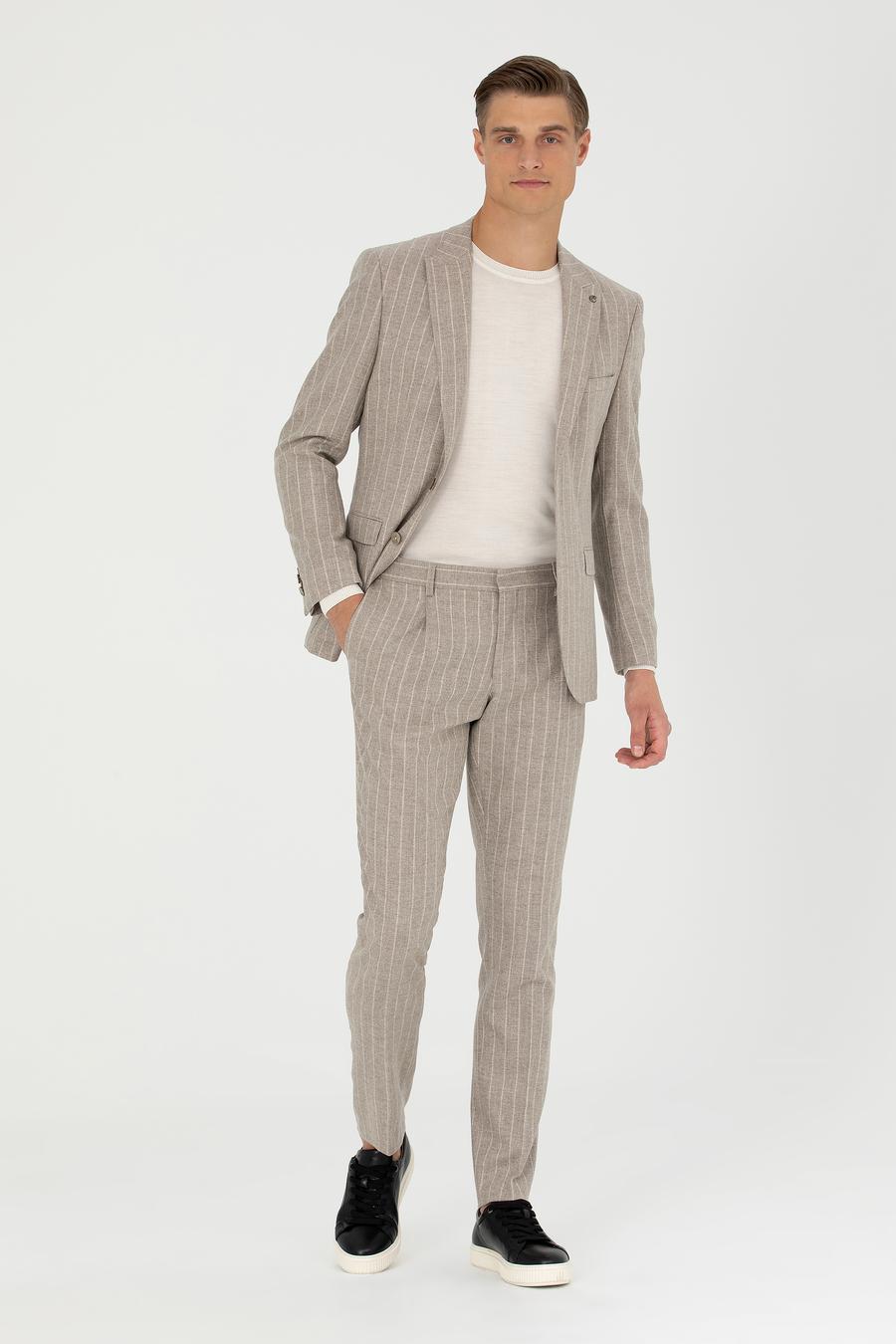 Bej Slim Fit Yün Kaşmir Karışımlı Çizgili Klasik Ceket - 50272614053