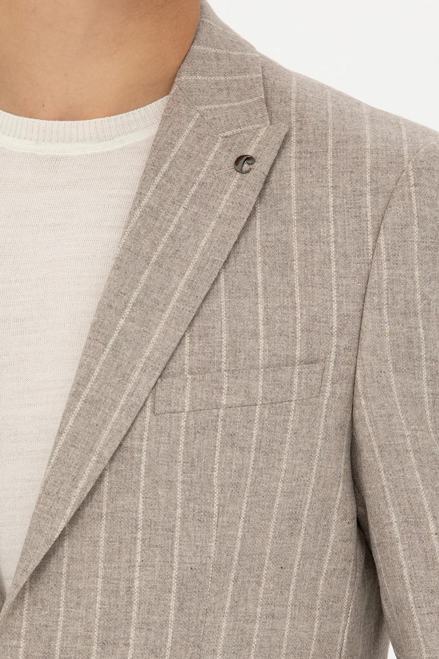 Bej Slim Fit Yün Kaşmir Karışımlı Çizgili Klasik Ceket - 50272614053