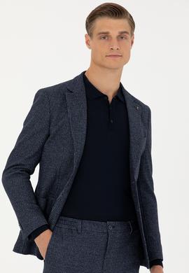 Lacivert Ekstra Slim Fit Yün Kaşmir Karışımlı Çizgili Ceket