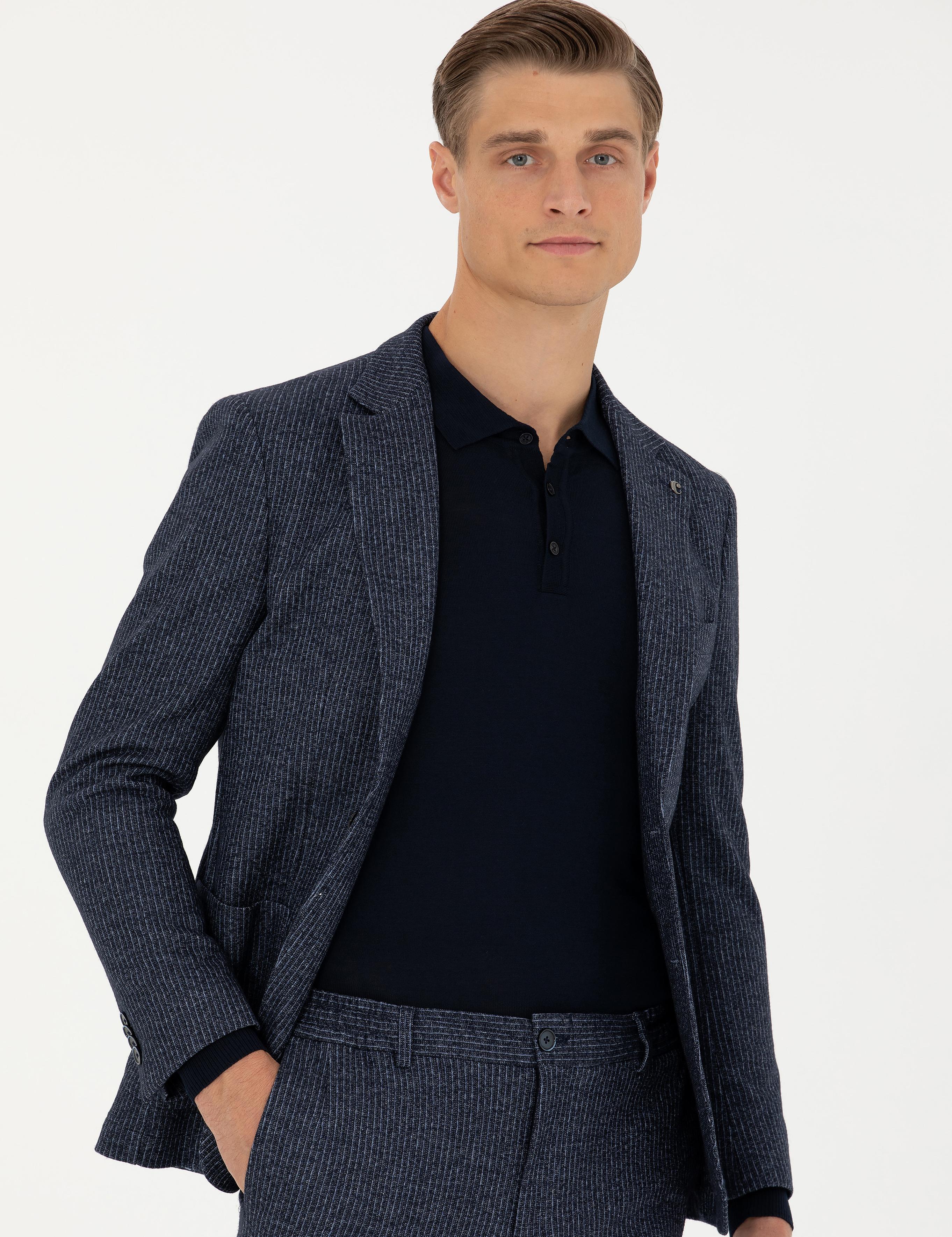 Lacivert Ekstra Slim Fit Yün Kaşmir Karışımlı Çizgili Ceket - 50272673008