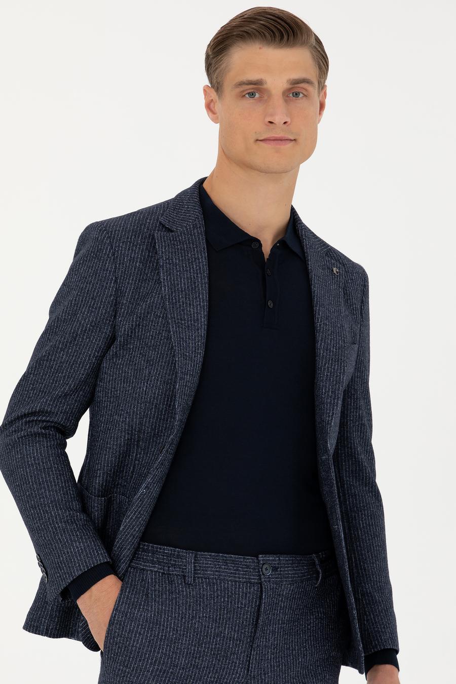 Lacivert Ekstra Slim Fit Yün Kaşmir Karışımlı Çizgili Ceket - 50272673008