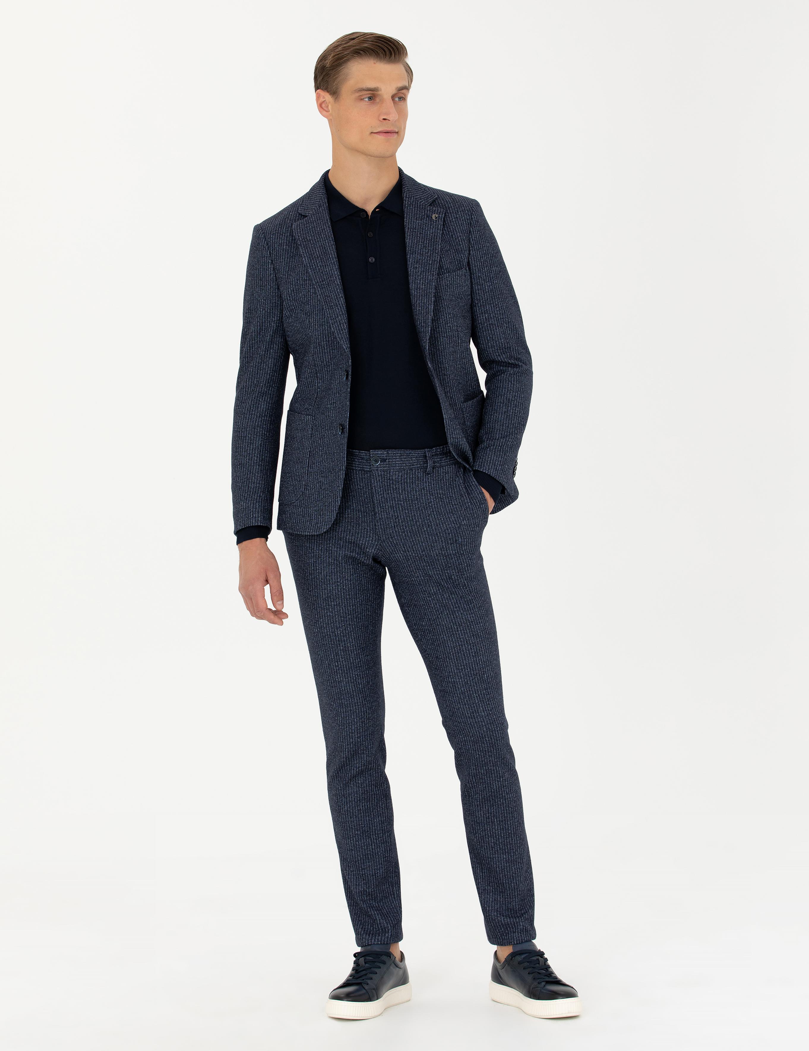 Lacivert Ekstra Slim Fit Yün Kaşmir Karışımlı Çizgili Ceket - 50272673008