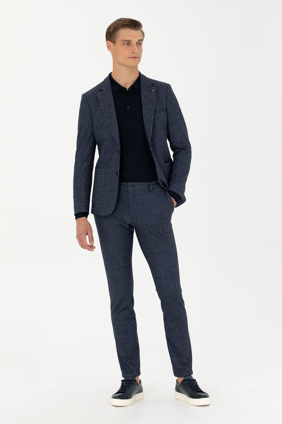 Lacivert Ekstra Slim Fit Yün Kaşmir Karışımlı Çizgili Ceket - 50272673008