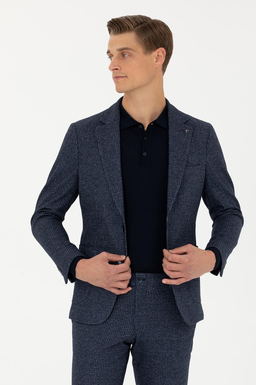 Lacivert Ekstra Slim Fit Yün Kaşmir Karışımlı Çizgili Ceket - 50272673008