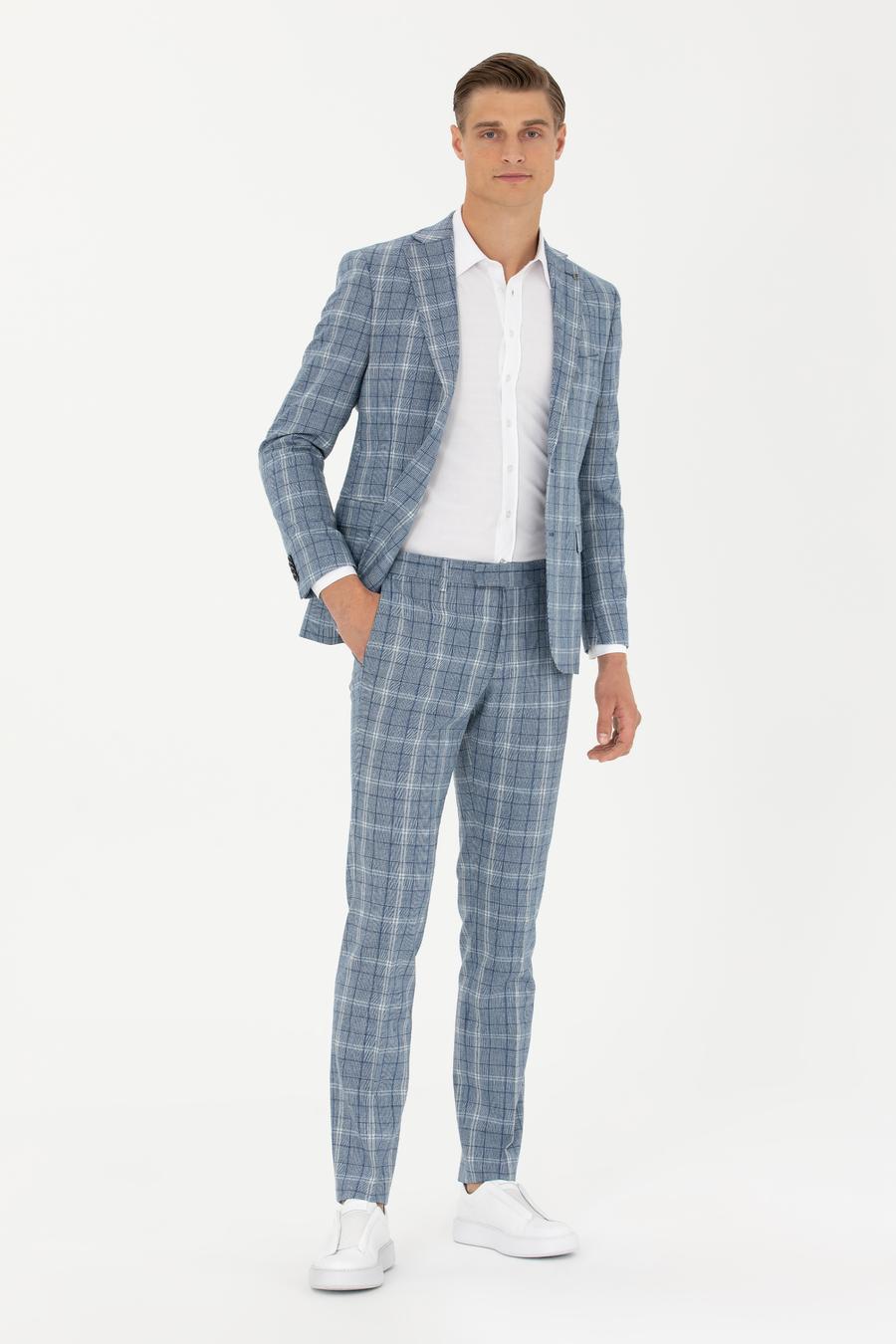 Mavi Slim Fit Yün Karışımlı Ekose Takım Elbise - 50276627023