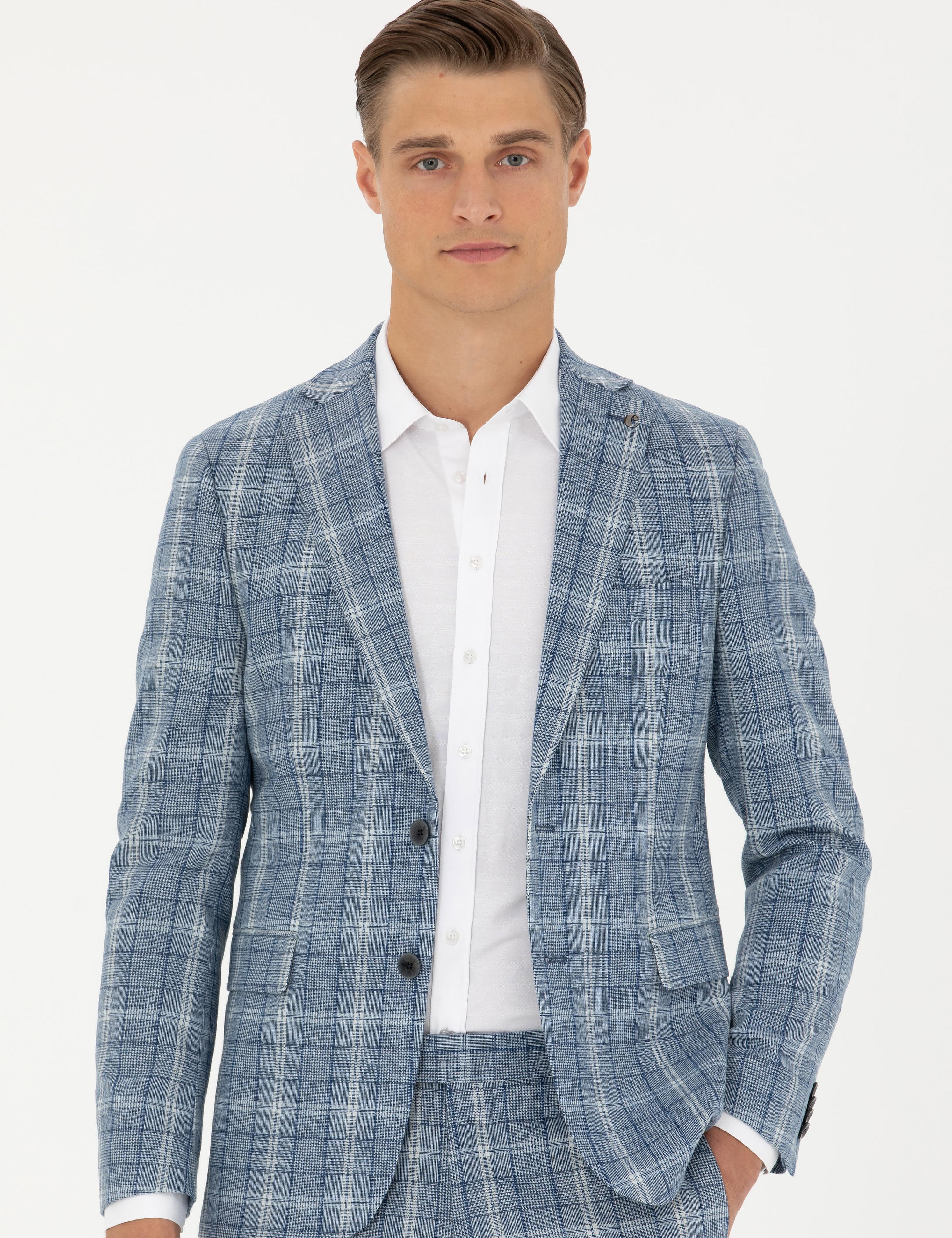 Mavi Slim Fit Yün Karışımlı Ekose Takım Elbise - 50276627023