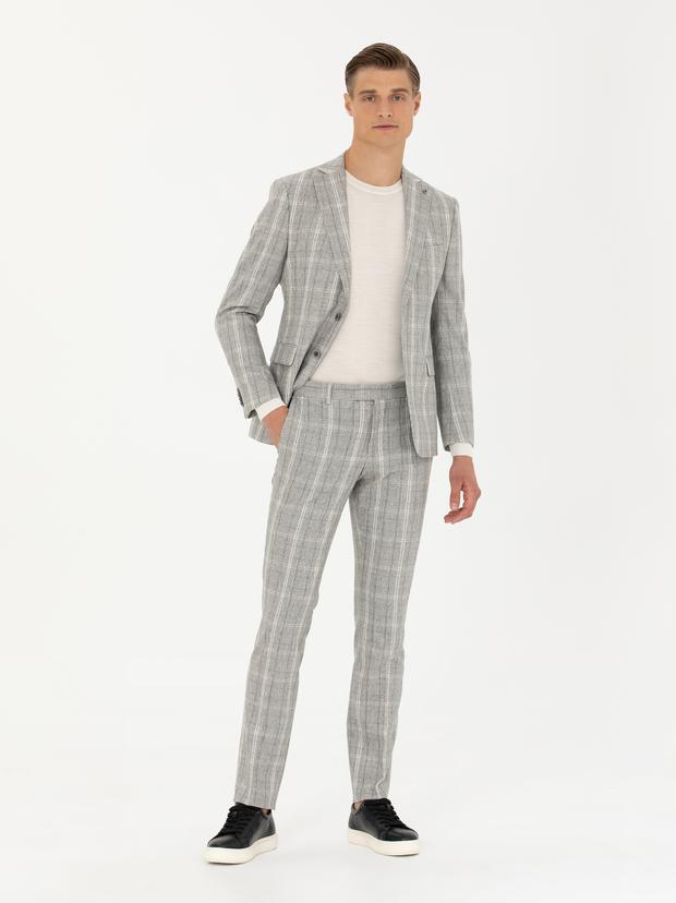 Gri Slim Fit Yün Karışımlı Ekose Takım Elbise
