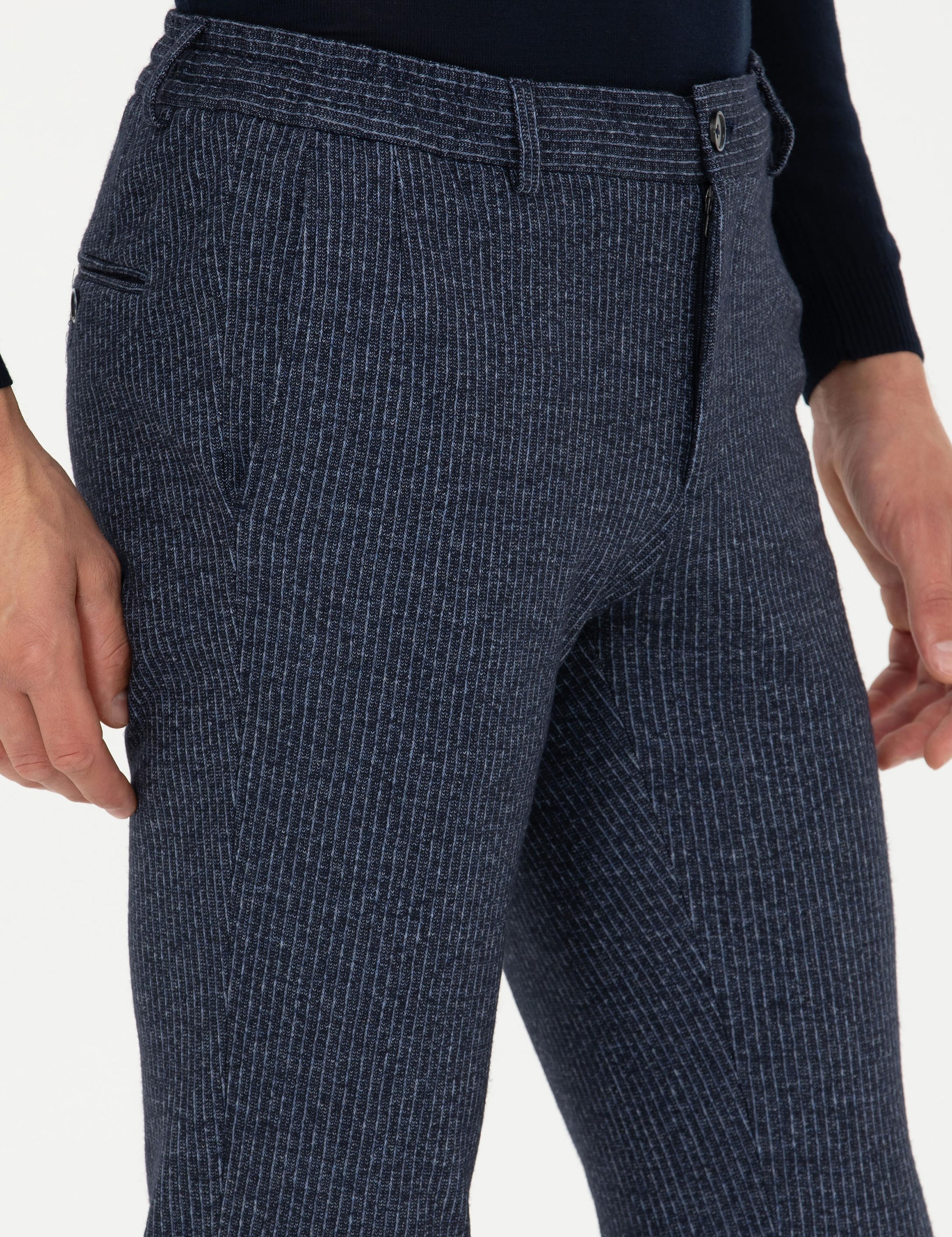 Lacivert Ekstra Slim Fit Yün Kaşmir Karışımlı Beli Bağcıklı Çizgili Kumaş Pantol - 50272672028