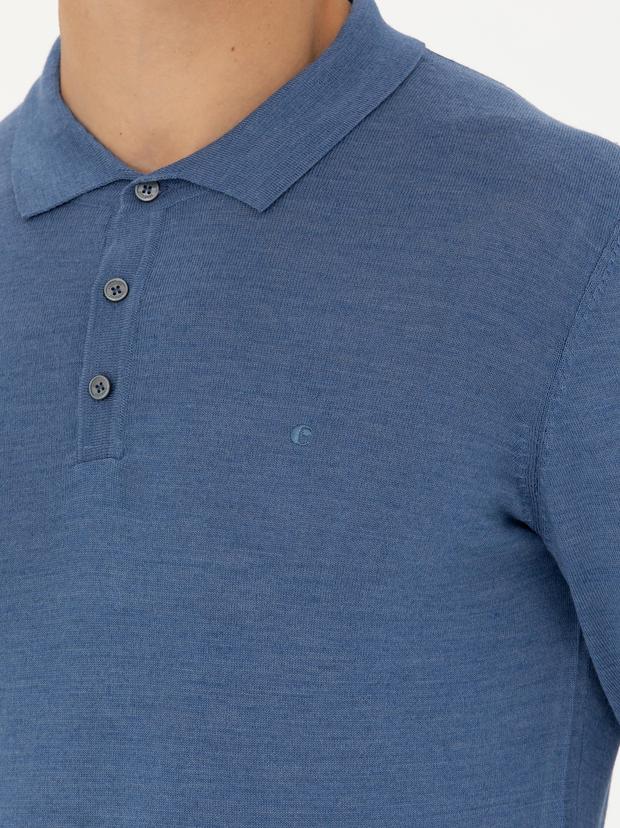 Koyu Mavi Slim Fit Polo Yaka Basic Triko Kazak