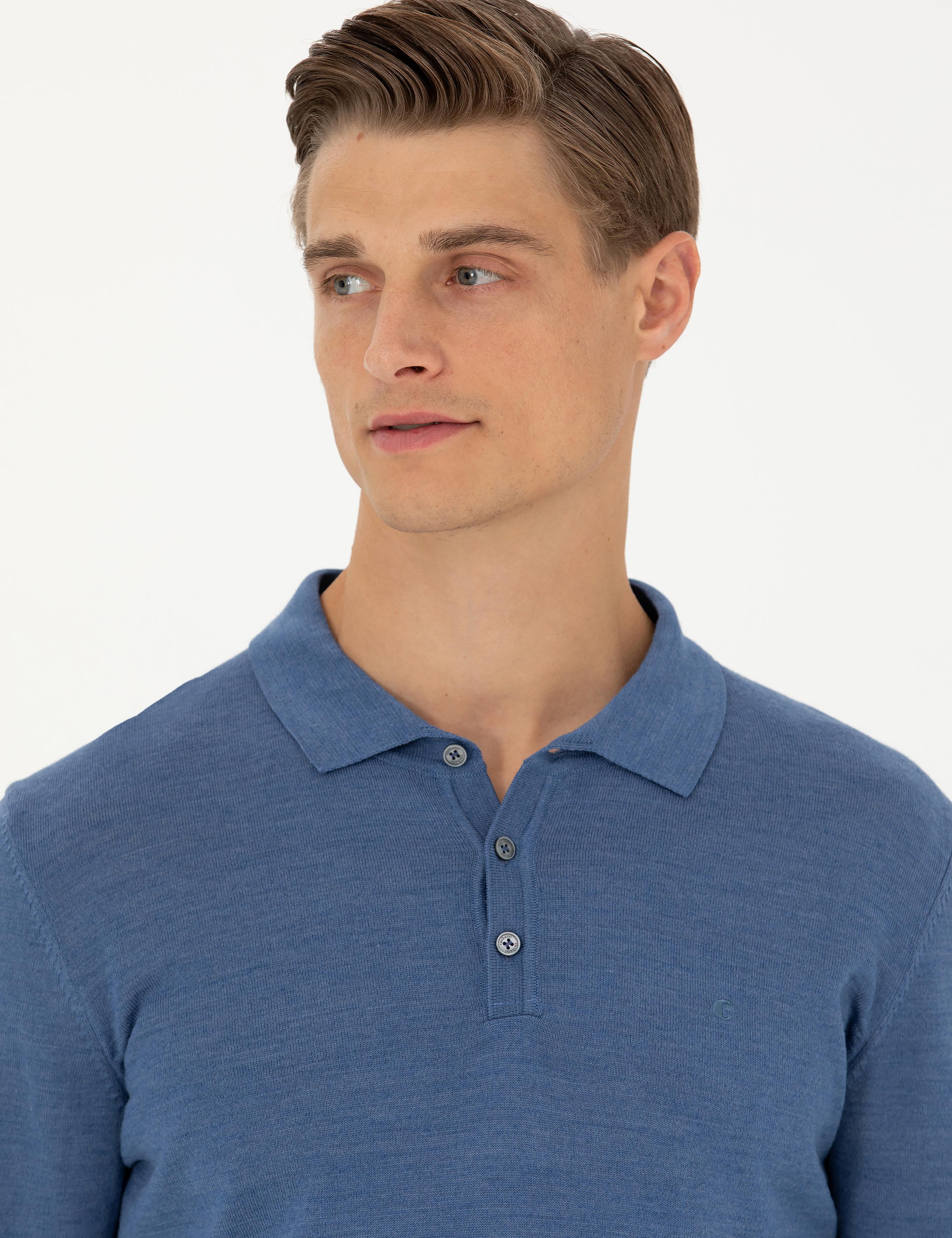 Koyu Mavi Slim Fit Polo Yaka Basic Triko Kazak - 50270169127