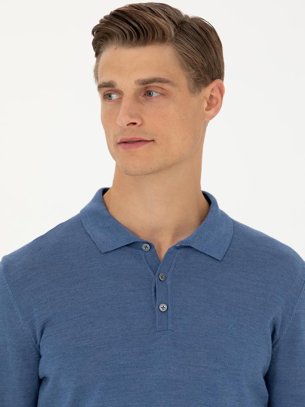 Koyu Mavi Slim Fit Polo Yaka Basic Triko Kazak