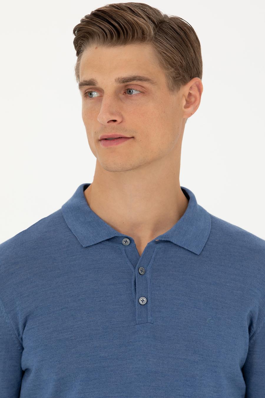 Koyu Mavi Slim Fit Polo Yaka Basic Triko Kazak - 50270169127