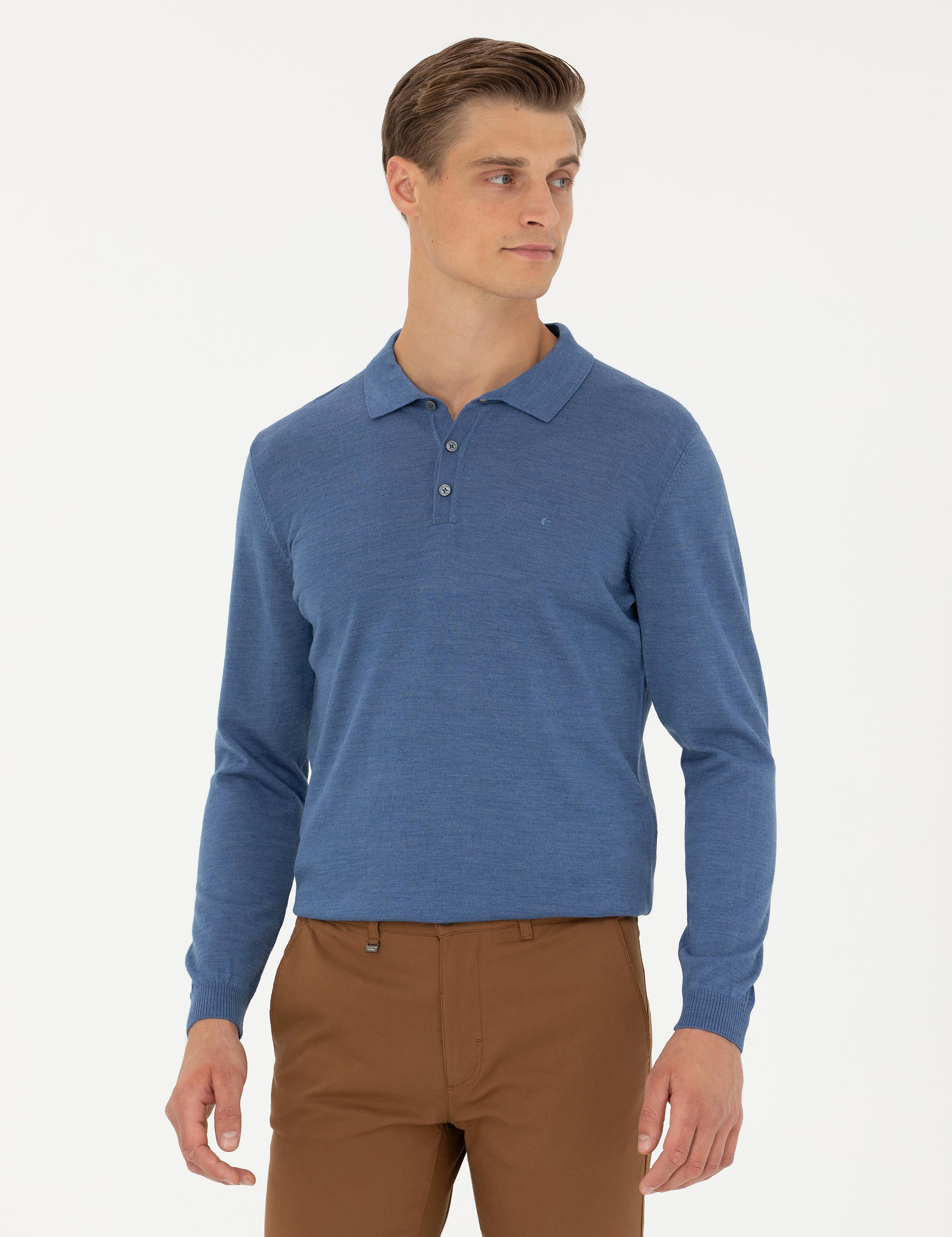 Koyu Mavi Slim Fit Polo Yaka Basic Triko Kazak - 50270169127