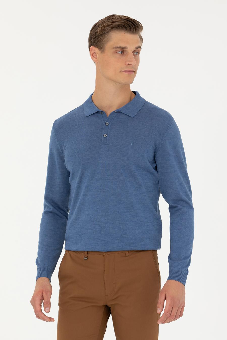 Koyu Mavi Slim Fit Polo Yaka Basic Triko Kazak - 50270169127