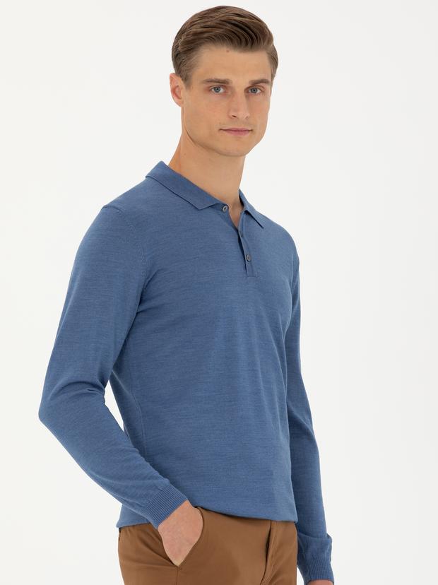 Koyu Mavi Slim Fit Polo Yaka Basic Triko Kazak