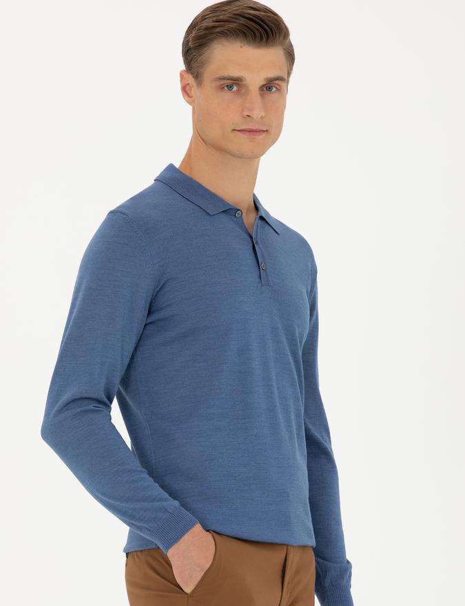 Koyu Mavi Slim Fit Polo Yaka Basic Triko Kazak