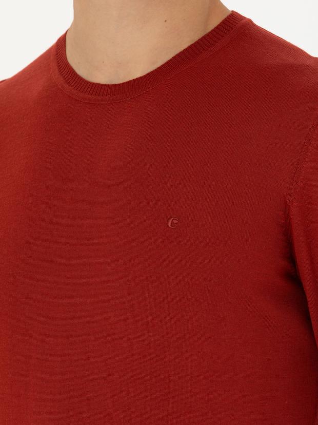 Koyu Kiremit Slim Fit Bisiklet Yaka Triko Kazak