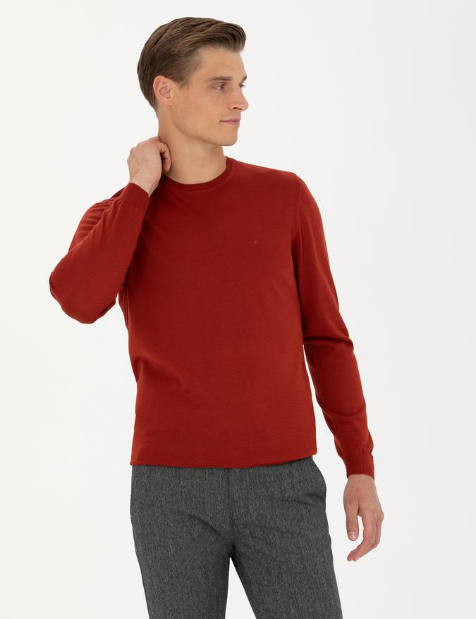 Koyu Kiremit Slim Fit Bisiklet Yaka Triko Kazak